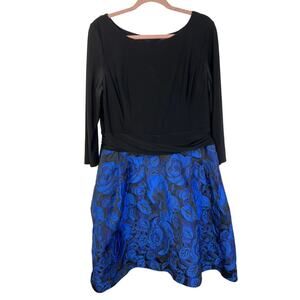 American Living Black Cobalt Blue Floral Brocade Detail 3/4 Sleeve Dress Size 18